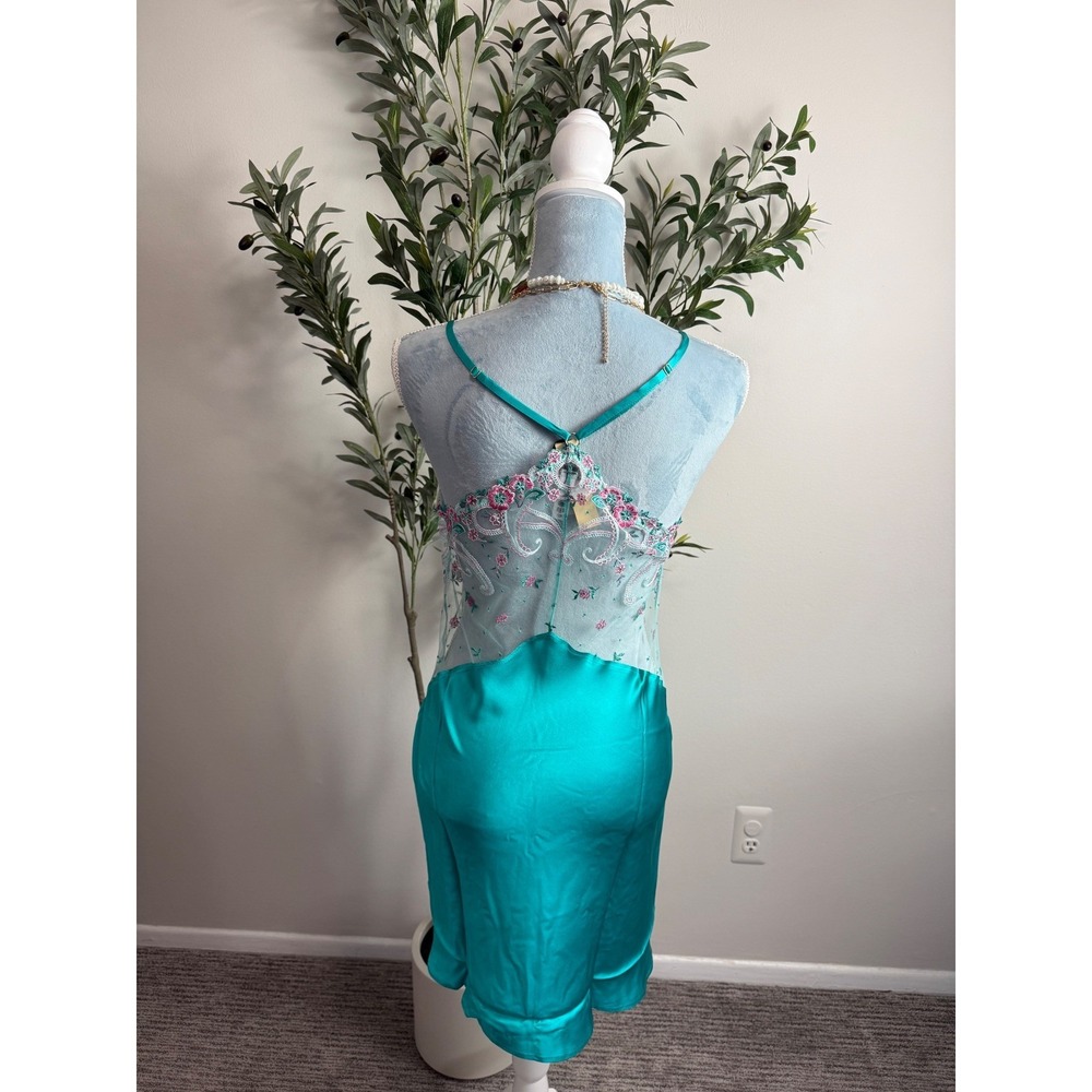 Cosabella Teal 100% Silk Delicate Floral Embroidered Mesh Chemise Nightgown M - Picture 12 of 13
